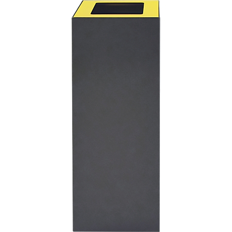 Poubelle grise avec dessus jaune et fente noire. Forme rectangulaire, simple.
