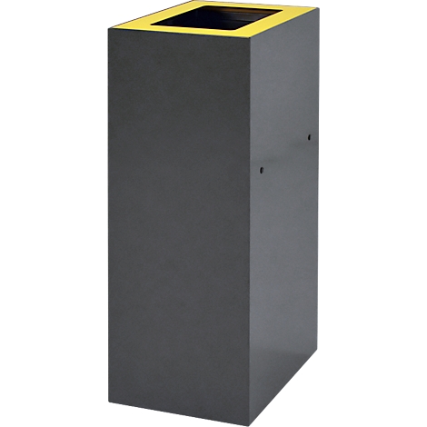 Poubelle grise et rectangulaire avec bord jaune. Une ouverture noire se trouve en haut. Design minimaliste.