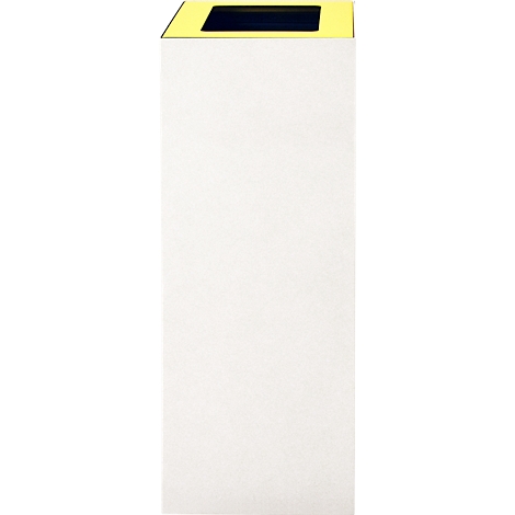 Une boîte en carton rectangulaire blanche avec un couvercle jaune et un rectangle noir.