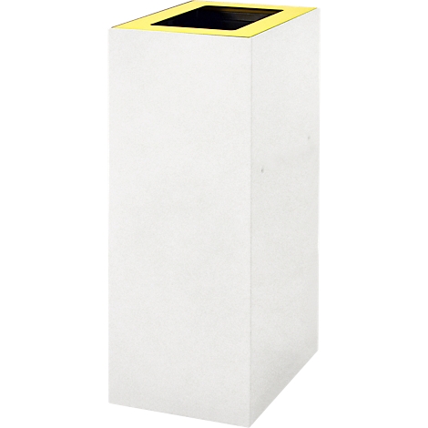 Poubelle rectangulaire blanche avec une ouverture noire et un bord doré.