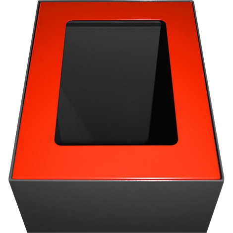Boîte avec cadre rouge, intérieur noir et base grise.
