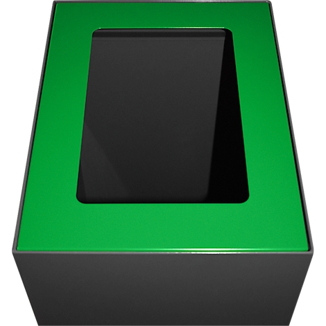 Un cadre vert rectangulaire entoure un renfoncement noir, sur une base grise.