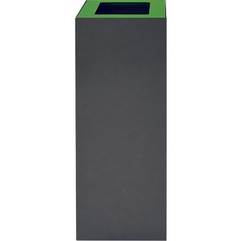 Poubelle rectangulaire grise avec un couvercle vert et une ouverture noire.