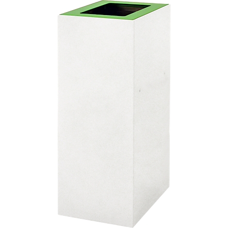 Poubelle blanche et rectangulaire avec un bord vert et un intérieur noir. La boîte est faite d'un matériau mat.
