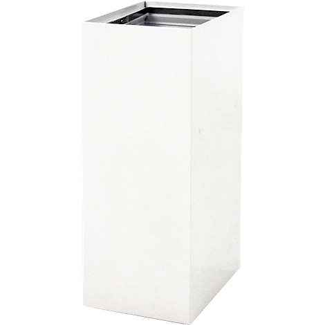 Een witte, balkvormige afvalbak die bovenaan open is. De bovenrand is verstevigd met metaal.