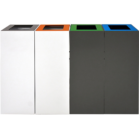 Quatre poubelles avec couvercles colorés : gris, orange, vert, bleu. Forme rectangulaire, blanc et gris.