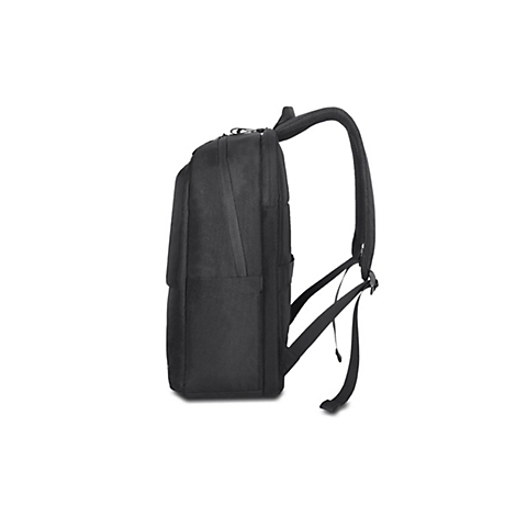 Schwarzer Rucksack, Seitenansicht, mit TrÃ¤gern und ReiÃŸverschluss.