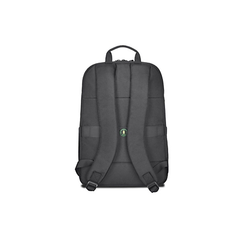 Ein grauer Rucksack von hinten, mit gepolsterten Schultergurten und einem Tragegriff.