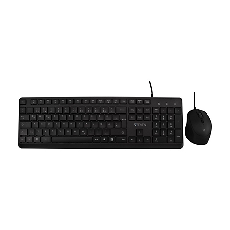 Schwarze Tastatur und Maus mit Kabel. Die Tastatur hat einen rechteckigen Rahmen und viele Tasten. Die Maus ist rund.
