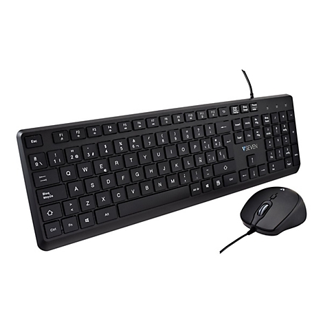 Schwarze Tastatur mit Maus. Auf der Tastatur sind die Buchstaben, Zahlen und Sonderzeichen deutlich zu erkennen. Auf der Maus sind Tasten und ein Scrollrad.