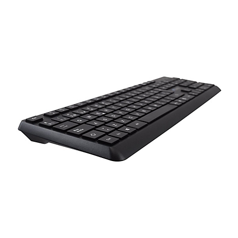 Eine schwarze Tastatur auf weiÃŸem Hintergrund. Die Tasten sind quadratisch, die Schrift hell. Die Tastatur ist leicht angewinkelt.