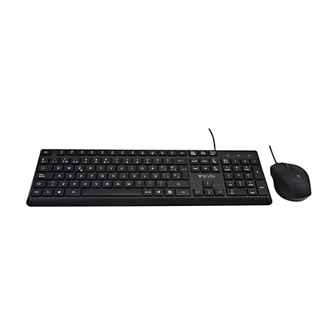 Schwarze Tastatur und Maus auf weiÃŸem Hintergrund. Die Tastatur hat viele Tasten und ist kabelgebunden. Die Maus ist ebenfalls schwarz.