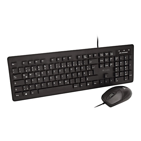Schwarze Tastatur mit Maus, Tastenbeschriftung, 'V7' Logo.
