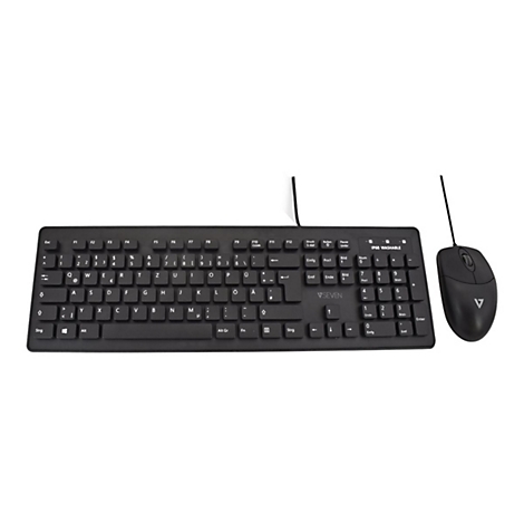 Schwarze Tastatur und Maus. Auf der Tastatur sind Buchstaben, Zahlen und Sonderzeichen zu sehen. Das V7 Logo ist erkennbar.