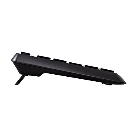 Schwarze Tastatur, schrÃ¤ge Ansicht, ausklappbare FÃ¼ÃŸe. Fokus auf der Unterseite, Tastenreihe erkennbar.