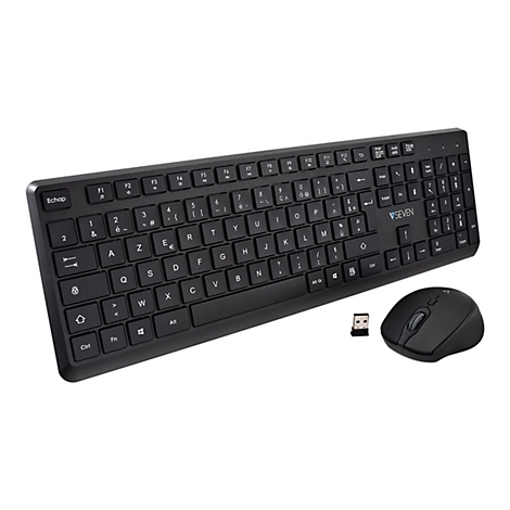 Schwarzes kabelloses Tastatur- und Maus-Set. Die Tastatur hat weiÃŸe Buchstaben, die Maus ist ergonomisch geformt.