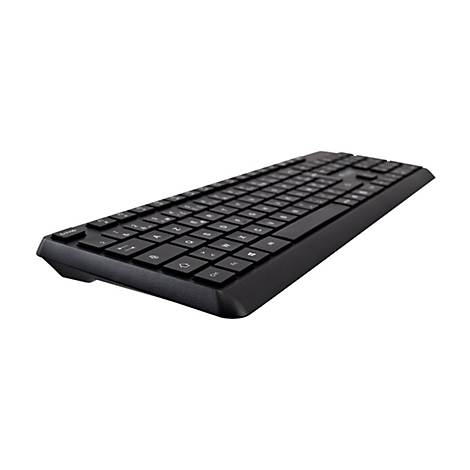 Schwarze Tastatur mit flachen Tasten, leicht von oben aufgenommen. Auf weiÃŸem Hintergrund.
