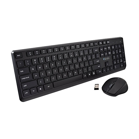 Schwarze Tastatur mit dazugehÃ¶riger Maus und USB-Dongle auf weiÃŸem Hintergrund. Der Schriftzug SEVEN ist auf der Tastatur zu sehen.