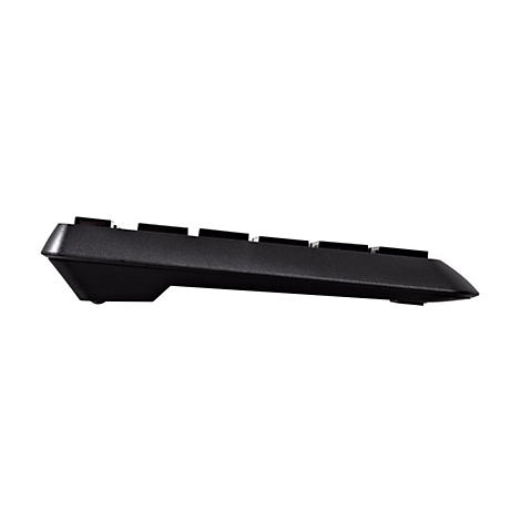 Schwarze Tastatur, Seitenansicht, leicht von unten betrachtet. Tasten oben, GehÃ¤use leicht schrÃ¤g.