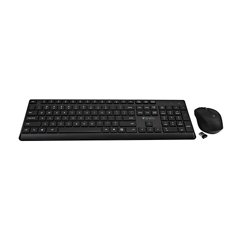 Schwarzes Tastatur-Maus-Set, auf weiÃŸem Grund. Die Tastatur hat ein flaches Design. Die Maus ist ergonomisch geformt und kabellos.
