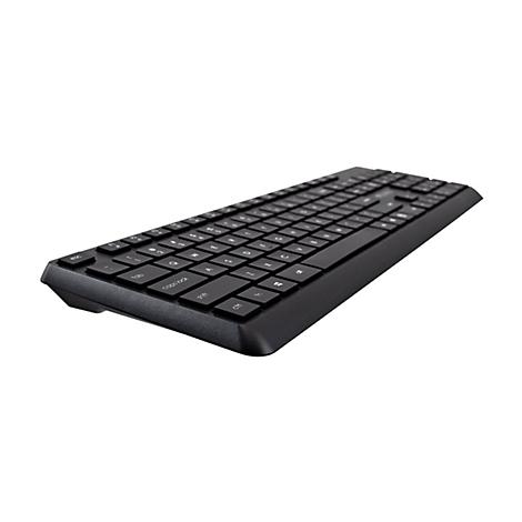 Schwarze Computertastatur, seitlich auf weiÃŸem Hintergrund, Tasten deutlich sichtbar.