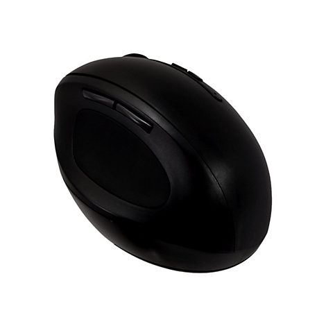 Schwarze ergonomische Computermaus, Ansicht von oben, auf weißem Hintergrund.