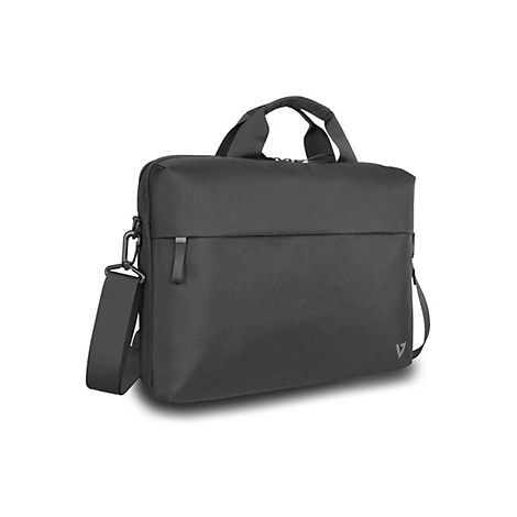 Schwarze Laptoptasche mit Tragegriff und Schultergurt. Auf der Vorderseite das Logo V.