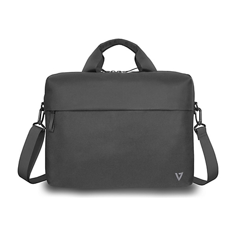 Dunkelgraue Laptoptasche mit Tragegriff und Schulterriemen. Logo-Dreieck unten rechts.