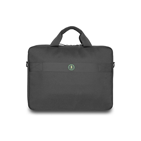 Schwarze Laptoptasche mit Tragegriffen und Band, mit 'ECO'-Logo.