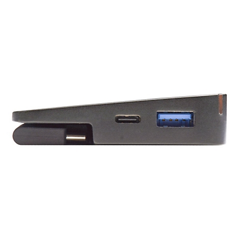 Graue USB-Hub-Seitenansicht mit USB-C, USB 3.0-Anschluss und USB-A-Stecker.