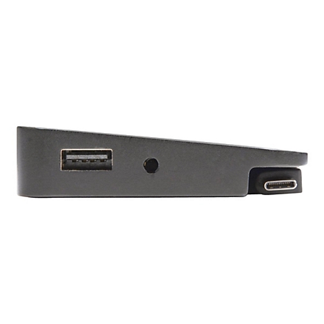 Ein schwarzer USB-C-Adapter mit USB- und USB-C-AnschlÃ¼ssen, im Profil vor weiÃŸem Hintergrund.