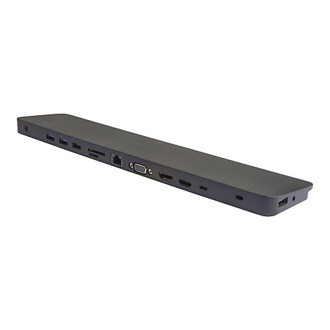 Grauer USB-C-Dockingstation mit verschiedenen AnschlÃ¼ssen wie HDMI, USB, SD-Kartenleser und Ethernet.