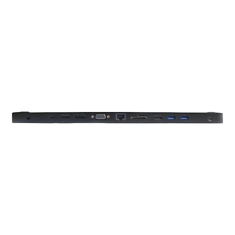 Nahaufnahme der AnschlÃ¼sse einer schwarzen Dockingstation: HDMI, VGA, USB-C und andere.