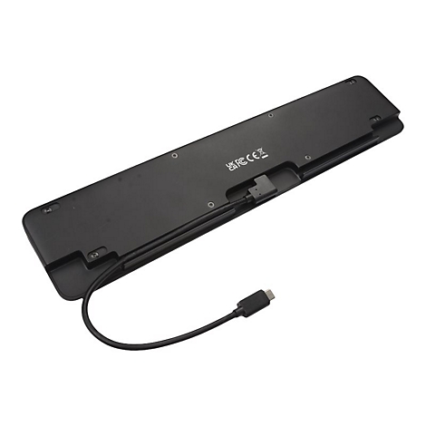 Schwarze Tastatur von unten mit USB-C-Kabel. FCC-Zertifizierung auf der RÃ¼ckseite.