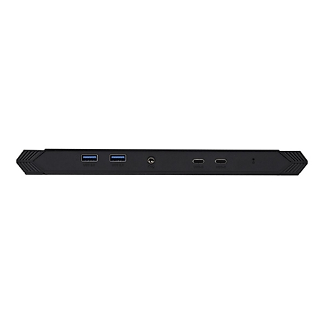 Schwarzer Dockingstation-Anschlussbereich, USB-Ports, Audioanschluss, Typ-C-Ports.