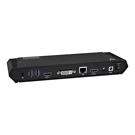 Ein schwarzer Dockingstation-Adapter mit zahlreichen AnschlÃ¼ssen wie USB, HDMI und DVI vor weiÃŸem Hintergrund.