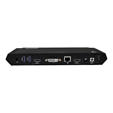 Schwarzes ElektronikgerÃ¤t mit AnschlÃ¼ssen. Links: USB, HDMI. Mitte: DVI, Ethernet, HDMI. Rechts: Stromanschluss, An/Aus-Schalter.