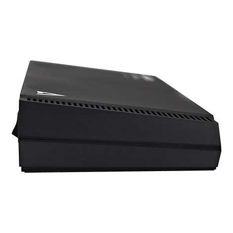 Schwarzes, rechteckiges GerÃ¤t, vermutlich ein Router, mit LÃ¼ftungsschlitzen, einer Ein-/Aus-Taste und einem weiÃŸen Pfeil auf der Oberseite.