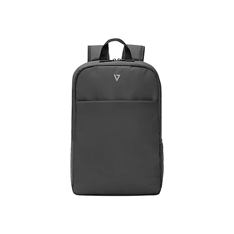 Dunkelgrauer Rucksack mit Henkel. Vorne eine kleine Tasche, oben ein Logo.