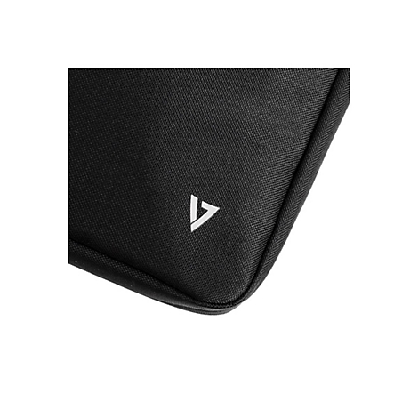 Detailaufnahme einer schwarzen Tasche mit weißem Logo.