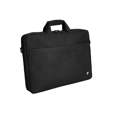 Schwarze Laptoptasche mit Tragegriff. Kleines weißes V-Logo.