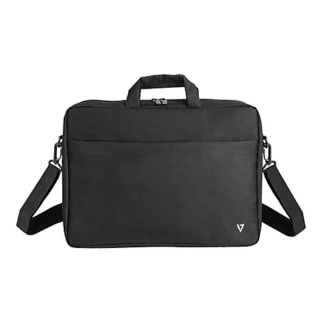 Schwarze Laptoptasche mit Tragegriff, Schulterriemen und Logo in Form eines Pfeils.