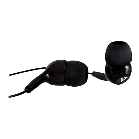 Schwarzer In-Ear-Kopfhörer vor weißem Hintergrund. Der Kopfhörer hat ein kleines Logo.