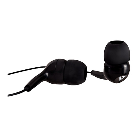 Schwarze In-Ear-Kopfhörer vor weißem Hintergrund. Sichtbar sind Ohrstöpsel, Kabel und ein Logo.