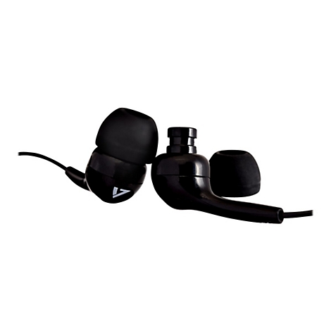 Schwarze In-Ear-Kopfhörer mit abnehmbaren Ohrstöpseln. Der linke Kopfhörer zeigt ein weißes Dreieck auf der Außenseite.