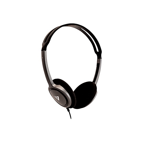 Graue Kopfhörer mit schwarzem Ohrpolster, Kabelanschluss und weißem Hintergrund.