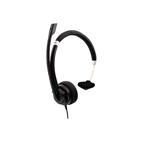 Schwarzes Headset mit Mikrofon, auf weiÃŸem Hintergrund. OhrhÃ¶rer, Mikrofonarm und BÃ¼gel sichtbar.