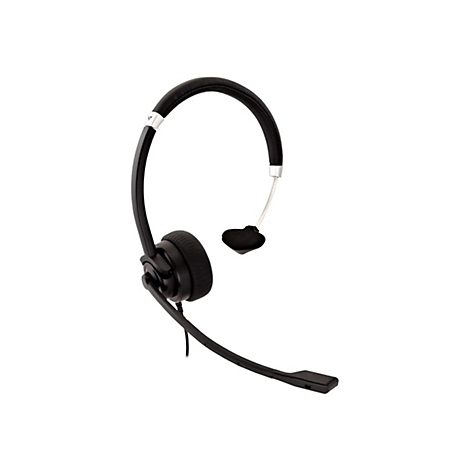 Schwarzes Headset mit BÃ¼gel, Mikrofon und Ohrpolster. Hintergrund weiÃŸ.
