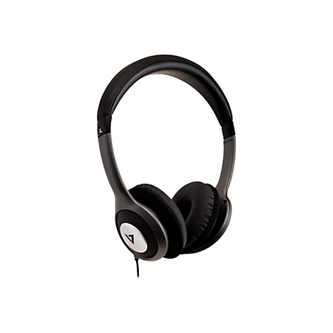 Casque noir sur fond blanc. Des supports gris relient les Ã©couteurs au serre-tÃªte.