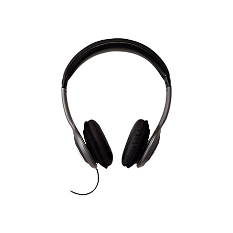 Casque sans fil avec un bandeau noir, des bras argentÃ©s et des oreillettes noires. Un cÃ¢ble pend.